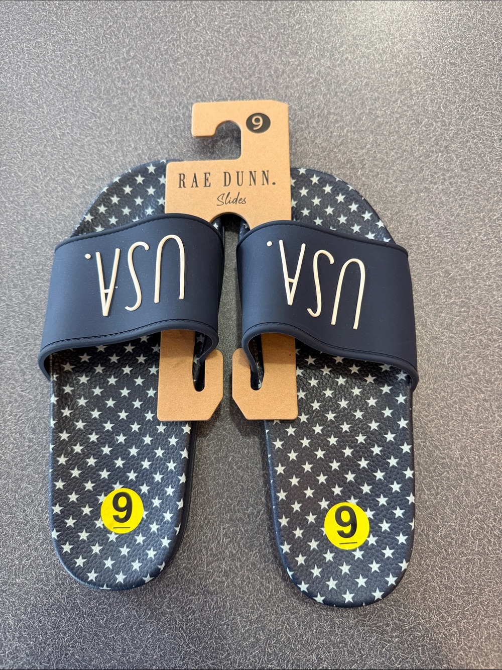 Rae Dunn Navy and White USA Star Slide Sandals